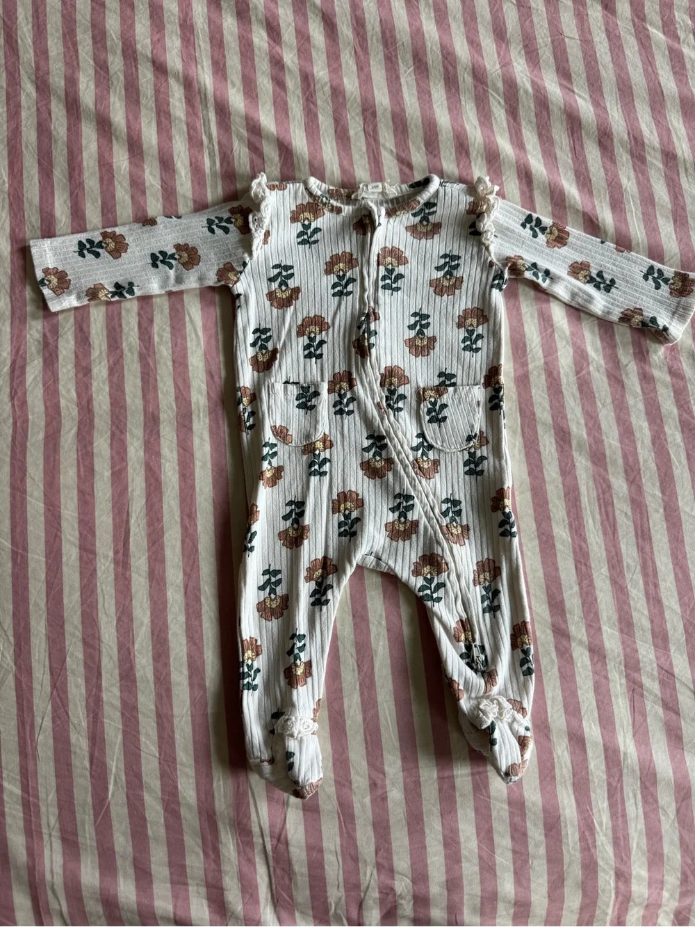 Baby Floral Footed One-Piece Romper - Cream with Brown Flowers